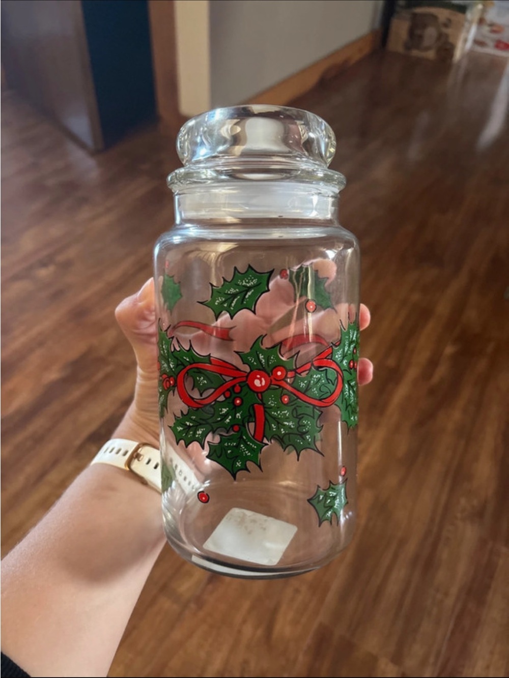 Anchor Hocking Clear Glass Holiday Canister with Red Ribbon and Green Holly